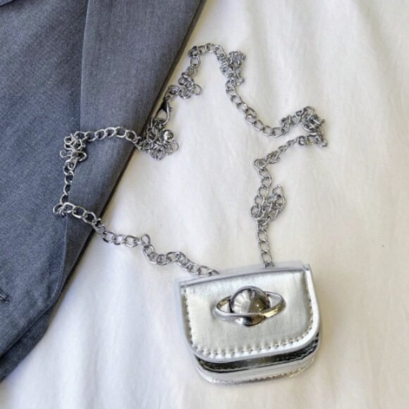 Mini Glossy Silver Patent Leather Crossbody Bag – W/Saturn Planet Detail - Picture 3 of 6